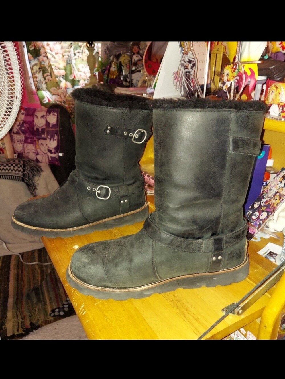 Black ugg fur interior biker style booties